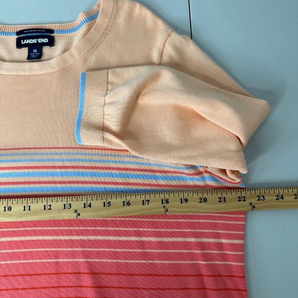 Lands End Pullover Sweater Size 1X Orange Multicolor Stripe Supima Cotton - Picture 7 of 9